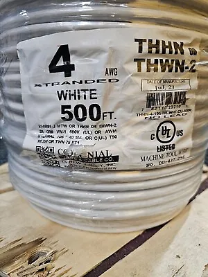 100' 4 AWG Stranded Copper THHN THWN-2 Building Wire 600V WHITE • $165