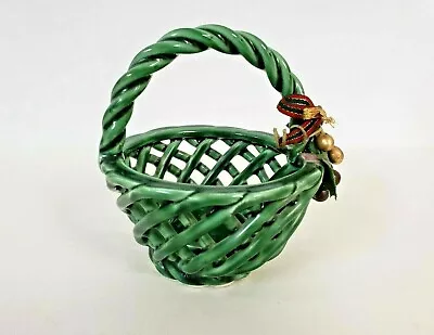 Vintage Ceramic Green Woven Basket With Handle Small 5.25in High Decor • $8