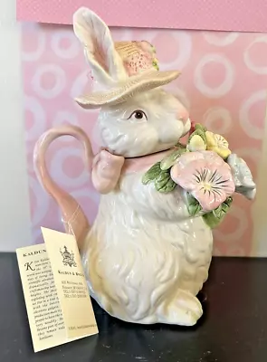 NIB Kaldun & Bogle BUNNY RABBIT TEAPOT W/ Flowers & Pink Ribbon Hand Painted • $59.99