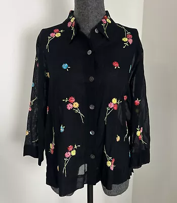 VTG David Brooks Sheer Embroidered Flowers Black Button Up Top Blouse L Cotton • $15.96