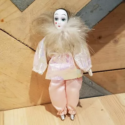 Mime Doll Wearing Pink & Feather Collar Porcelain Figurine 7  Vtg - Swanky Barn • $19.95