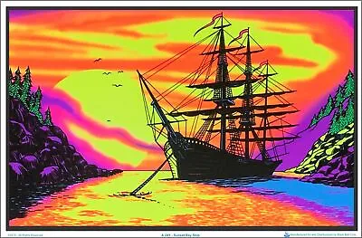 Sunset Bay Ship Blacklight Poster 35 X 23 • $12.99