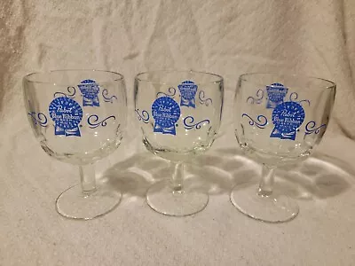 Vintage Pabst Blue Ribbon Beer 16 Oz Stemmed Thumbprint Goblet Glass Set Of 3 • $19.95