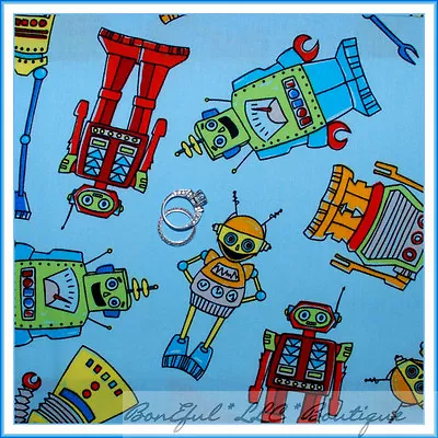 $7.43 • Buy BonEful Fabric FQ Cotton Quilt Blue Red Baby Boy Robot Tool Bright Computer Toy