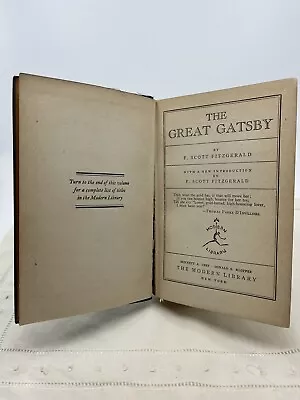 The Great Gatsby F. Scott Fitzgerald - Modern Library 1st Ed. 1934 • $350