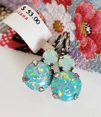 MARIANA Synthetic Opal Stone W/ Iridescent Flecks Sea Swarovski Crystal Earrings • $33.70