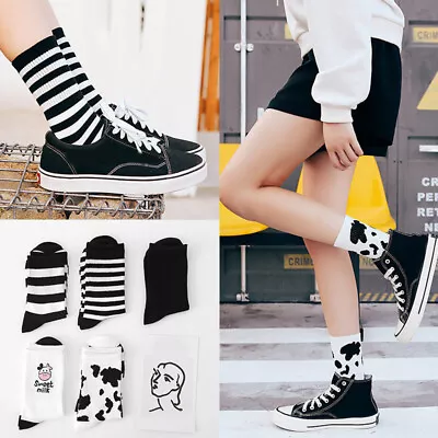 5Pair Harajuku Cow Print Socks Cotton Women Striped White Black Breathable Socks • £10.96