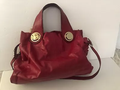 GUSTTO Tarsia Red Leather Large Shoulder Satchel Bag Pockets Gold • $59