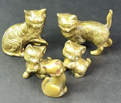Vtg Solid Brass Cats Figurines Lot Of 5 Kittys In Nature Style 2 Matching Pair • $32