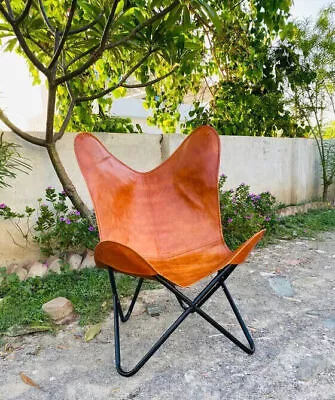 Genuine Butterfly Leather Chair Brown Handmade Classic With Foldable Iron Frame • $207.48