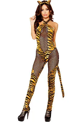 $33.01 • Buy Kitty Catsuit Stripes Tiger Leopard Fishnet Tail Ears Animal Costume Adult Women