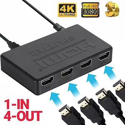 HDMI Splitter 1 In 4 Out 4K 1080p HD 4 Port Repeater Amplifier Video Splitter  • $9.25