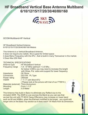 HF VERTICAL ANTENNA 160-6m BROADBAND 2-54Mhz 400W SSB MultiBand MultiMode HAM • $135