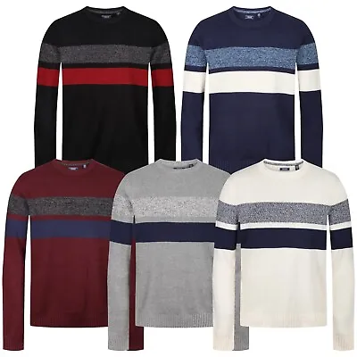 New Mens Crew Neck Jumper Long Sleeve Stripe Knitted Plain Sweater Pullover Top • £11.99