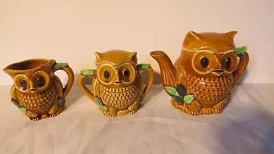 Vintage Owl Teapot Set Cream Sugar Milk Japan Pottery Porcelain Ceramic • $80
