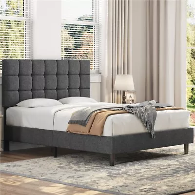 Upholstered Platform Bed Frame With Adjustable Headboard Wood Slats Support  • $189.99