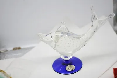 Vintage Murano Glass Silvestri Crystal Art  Controlled Bubbles Clear & Cobalt GA • $31.47