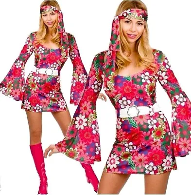Adult RETRO GIRL Flower Power Fancy Dress 60s Ladies Go Go Hippy Costume UK 6-24 • £12.95