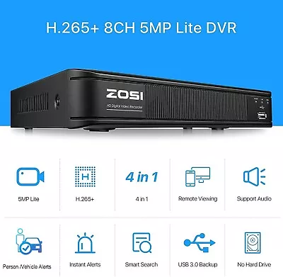 ZOSI H.265+ 5MP Lite CCTV DVR 8 CH 4-in-1 Surveillance DVR For Security Camera • $54.99