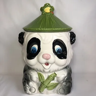 Panda W Bamboo Cookie Jar Kitsch Japan 1960's 60s Blue Eyes Ceramic 11” Tall • $28.99