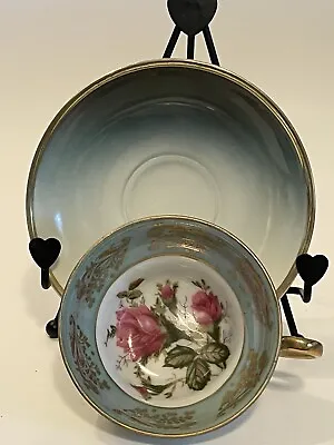 Three Crown China Germany Gold Trim 3-Footed Tea Cup & Saucer Roses Teal Blue • $15