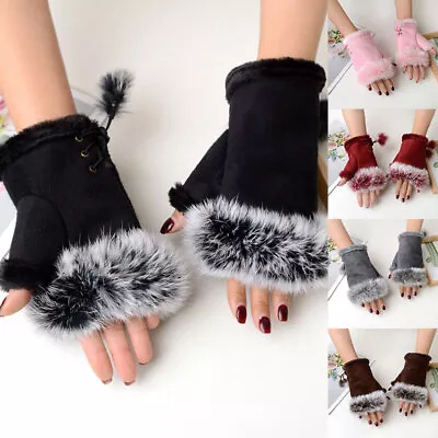 Women Fingerless Gloves Faux Rabbit Fur Suede Wrist Solid Mitten Winter Warmer • $1.66