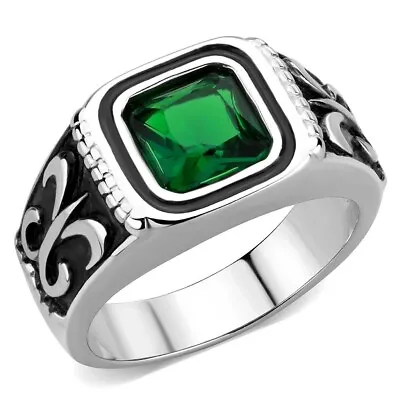 Mens Emerald Green Ring Silver Fleur De Lis  Pinky Stainless Steel Bezel • £18.59