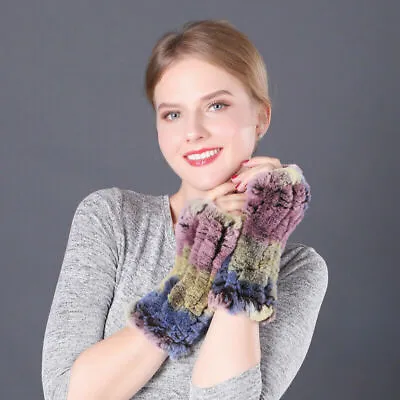 Fashion Women Fluffy Real Rex Rabbit Fur Gloves Elastic Wrist Fingerless Winter • $21.99