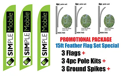 3(THREE) Green 15' Simple Mobile SWOOPER FEATHER FLAGS KIT With Poles & Spikes • $139.99