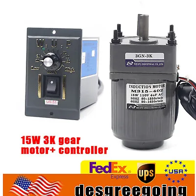 110V AC Gear Motor Electric + Variable Speed Controller 1:3 0-450 RPM 15W Motor • $62.70