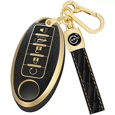 Key Fob Cover For Nissan With Black Leather Keychain Nissan5Black (5 Buttons) • $13.49