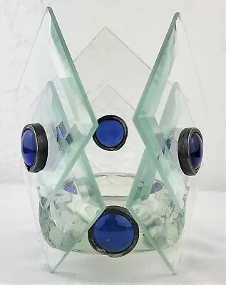 Pyramid Blue Round Glass Infinity Mirror Tea Light Candle Holder Retro Vintage • $18.99