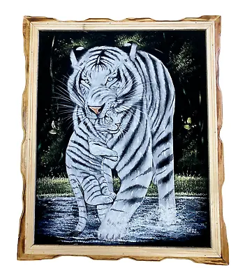  White Tiger Painting hand Painted Velvet Painting18  By 22 W Frame Baby • $48