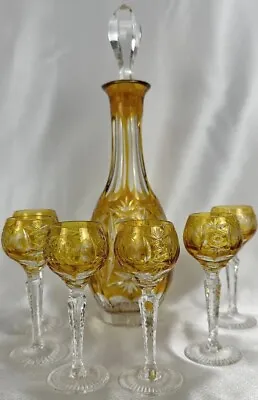 Nachtmann Traube Czech Cut To Clear Amber Crystal Wine Decanter And 6 Goblets • $225