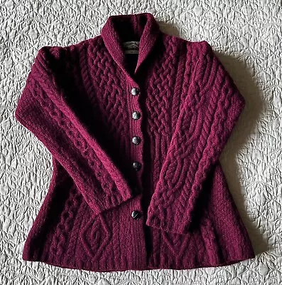 Aran Crafts Merino Wool Sweater Burgundy Cardigan Cable Knit Women’s Size S • $45