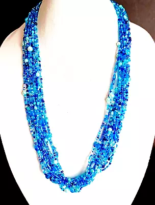 Boho Necklace Glass Seed Beads Turquoise Blue Multi-strand Faux Pearls 30  OOAK • $18