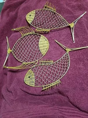 Metal And Rattan Flat Wall Fish. Set Of 3 • $14.95