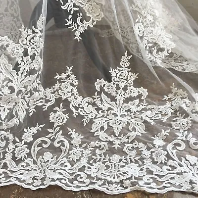 Floral Bridal Dress Lace Fabric Corded Embroidery Wedding Gown DIY Tulle Trim 1Y • £17.99