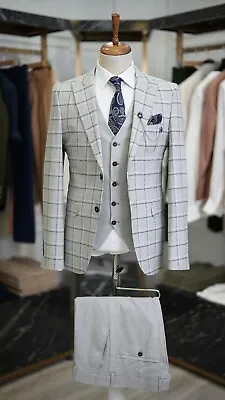 Men's Plaid Suit Swallow Collar Italian Cut Slim Fit Jacket Vest Trousers-Gray • $139