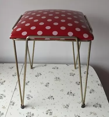 Vintage Vanity Stool Seat Chair Metal Silver Upholstered Red Polka Dot Repair • $29.99