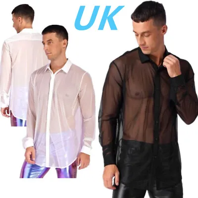 UK Men's See Through Shirt Long Sleeve Button Down Blouses Sexy Tops Undershirts • £9.58