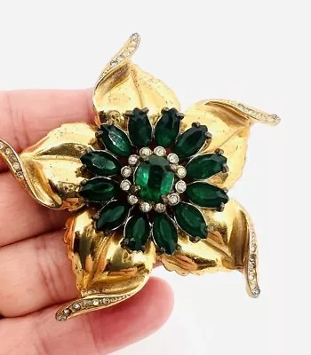 Large Gold Plated Green Rhinestone Upturned Leaves Brooch Mazer? Vintage Jewelry • $249.99