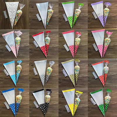 50Pcs Cello Cellophane Cone Sweet Candy Party Wedding Favuor Gift Bags Free Ties • £2.39