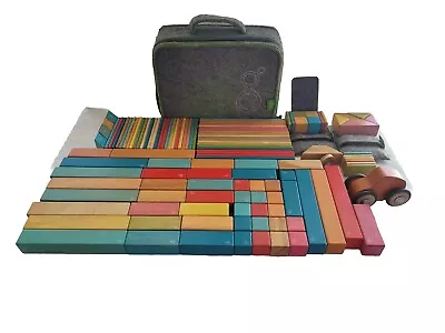 Tegu Magnetic Wooden Blocks Lot Of 131 Multi Color Tints Wheels Play Pouch Case • $180