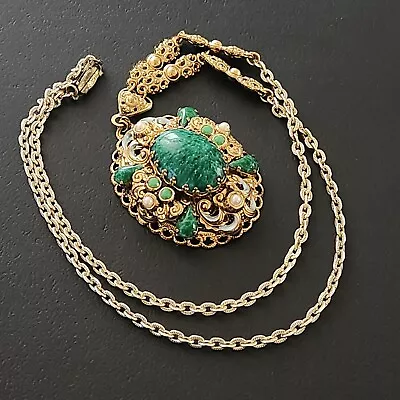 SIGNED W GERMANY Vintage Necklace Pendant Green Peking Glass Faux Pearls RARE! • $4.25