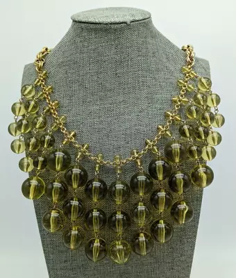 J. Crew Gold Tone Chunky Olive Yellow Plastic Bead Dangling Statement Necklace • $23.99