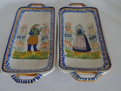 VINTAGE TWO SMALL PLATER FRENCH HENRIOT QUIMPER Circa 1930s' COUPLE BRETON • $120