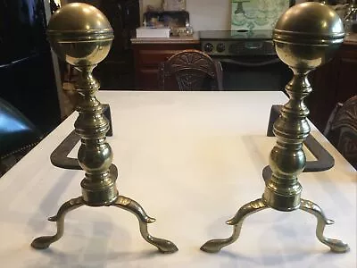 Vintage Brass Andirons Firedog Cannon Ball Top 16.5 X 10.5 Fireplace • $109.90