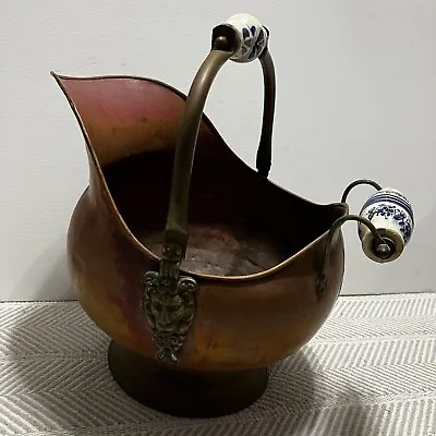 Copper Coal Ash Scuttle Bucket With Ceramic Handles White Blue Vintage Rustic • $71.99