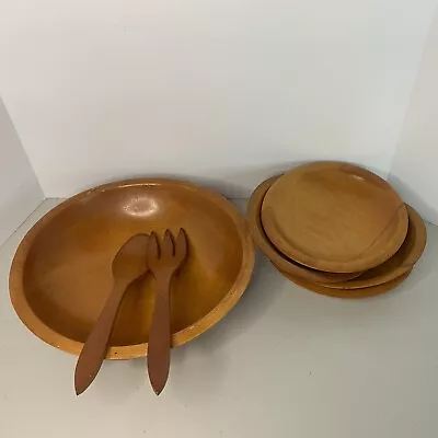 Vintage Munising Primitive  Wooden Salad Bowl Set 7 Piece Farmhouse Honey Color • $39